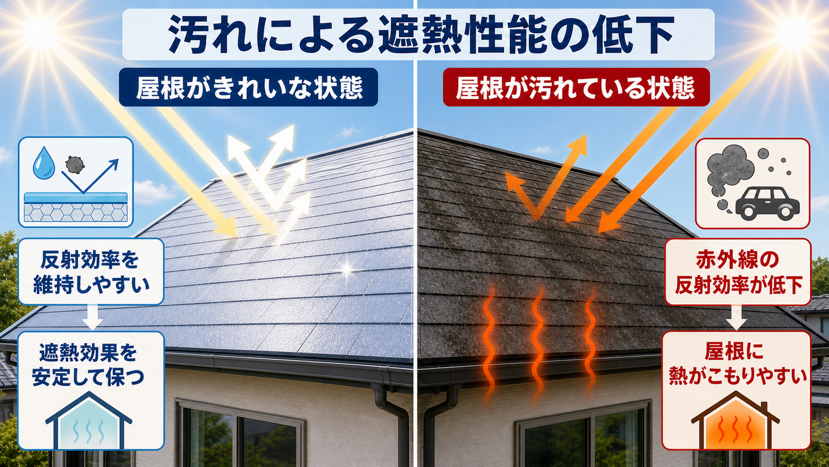柏市　外壁屋根塗装工事のシャイン　遮熱塗装　汚れによる遮熱性能の低下の説明画像