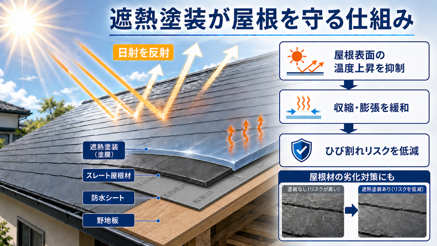 柏市　外壁屋根塗装工事のシャイン　遮熱塗装が屋根を守る仕組みの説明画像