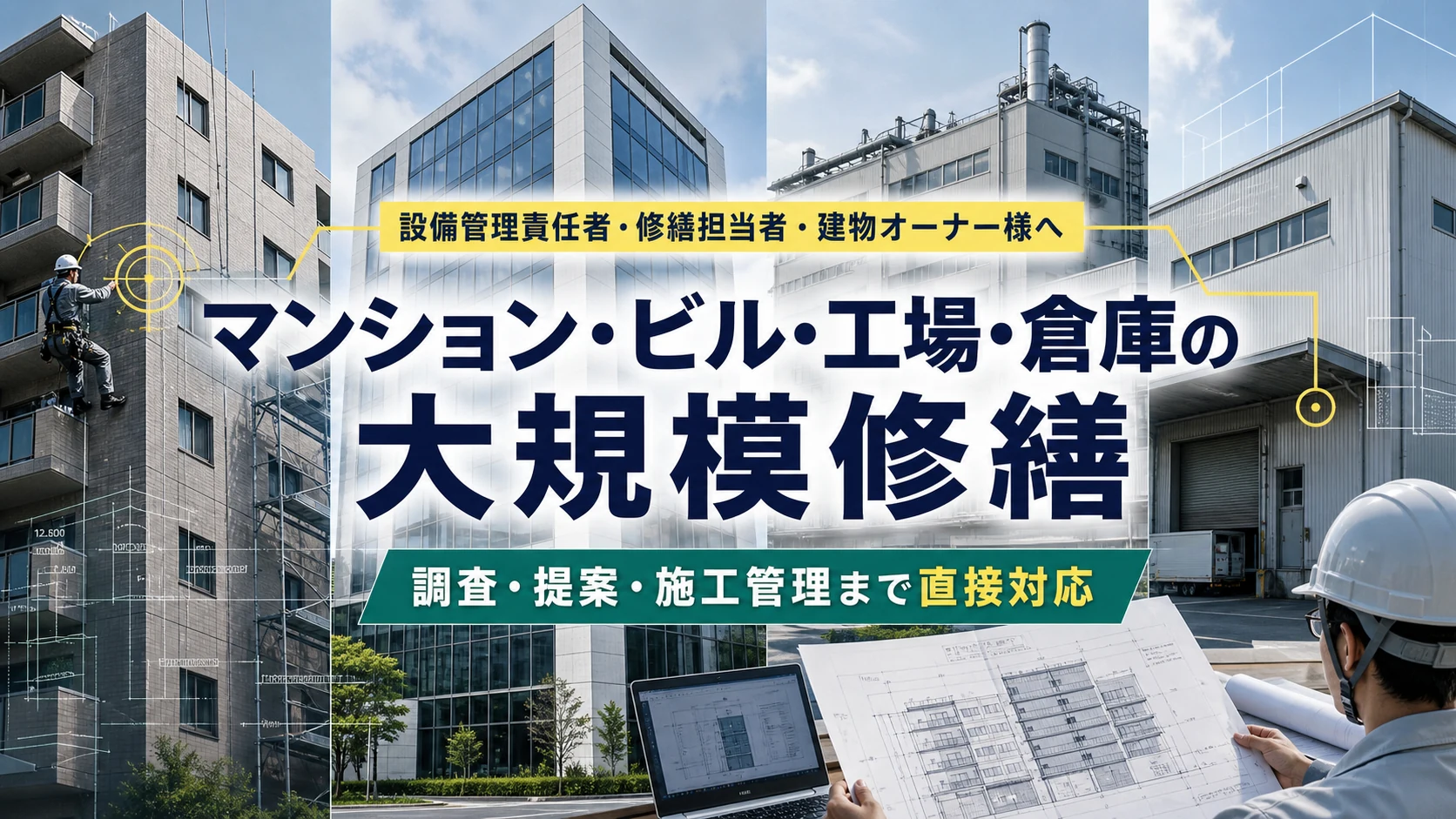 マンション・ビル・工場・倉庫の大規模修繕を、調査・提案・施工管理まで直接対応する法人向け案内