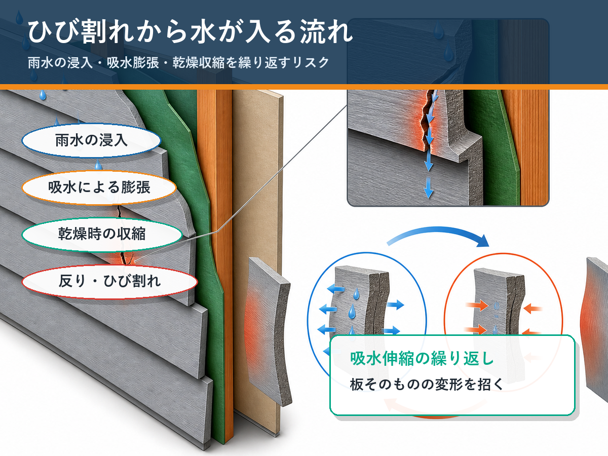 ひび割れや目地から雨水が浸入し、吸水膨張と乾燥収縮を繰り返してサイディングが反る・割れる仕組みの図解