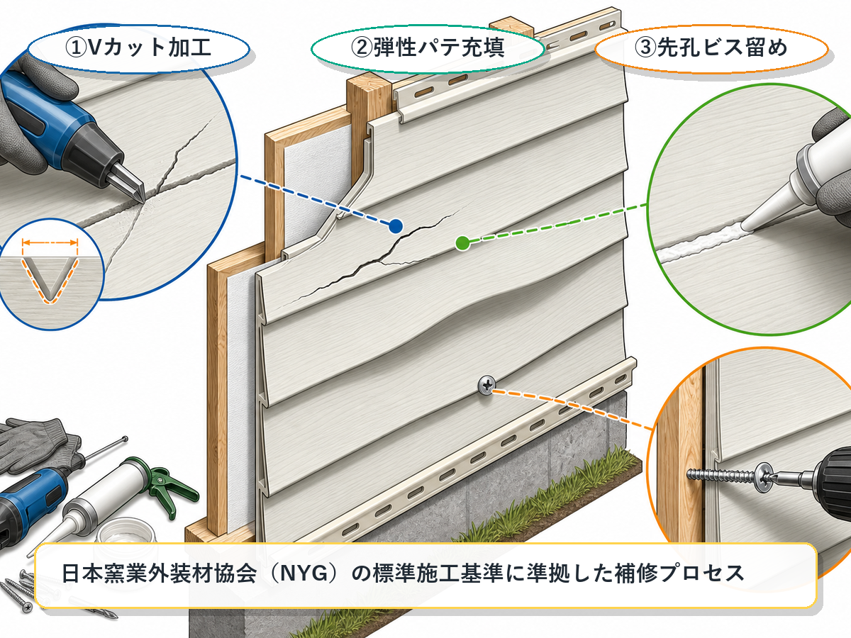日本窯業外装材協会（NYG）の標準施工基準に準拠したVカット加工、弾性パテ充填、先孔ビス留めの補修プロセスの図解