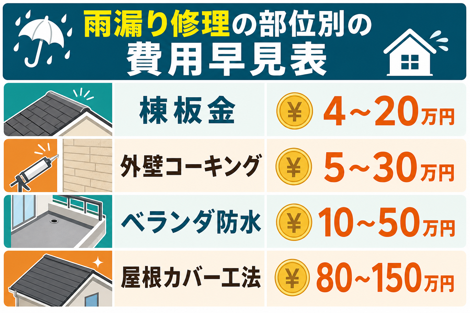 雨漏り修理の部位別費用早見表