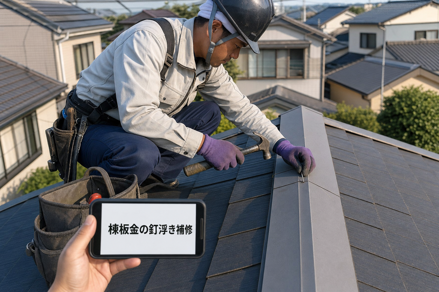 棟板金の釘浮きを修理する屋根職人