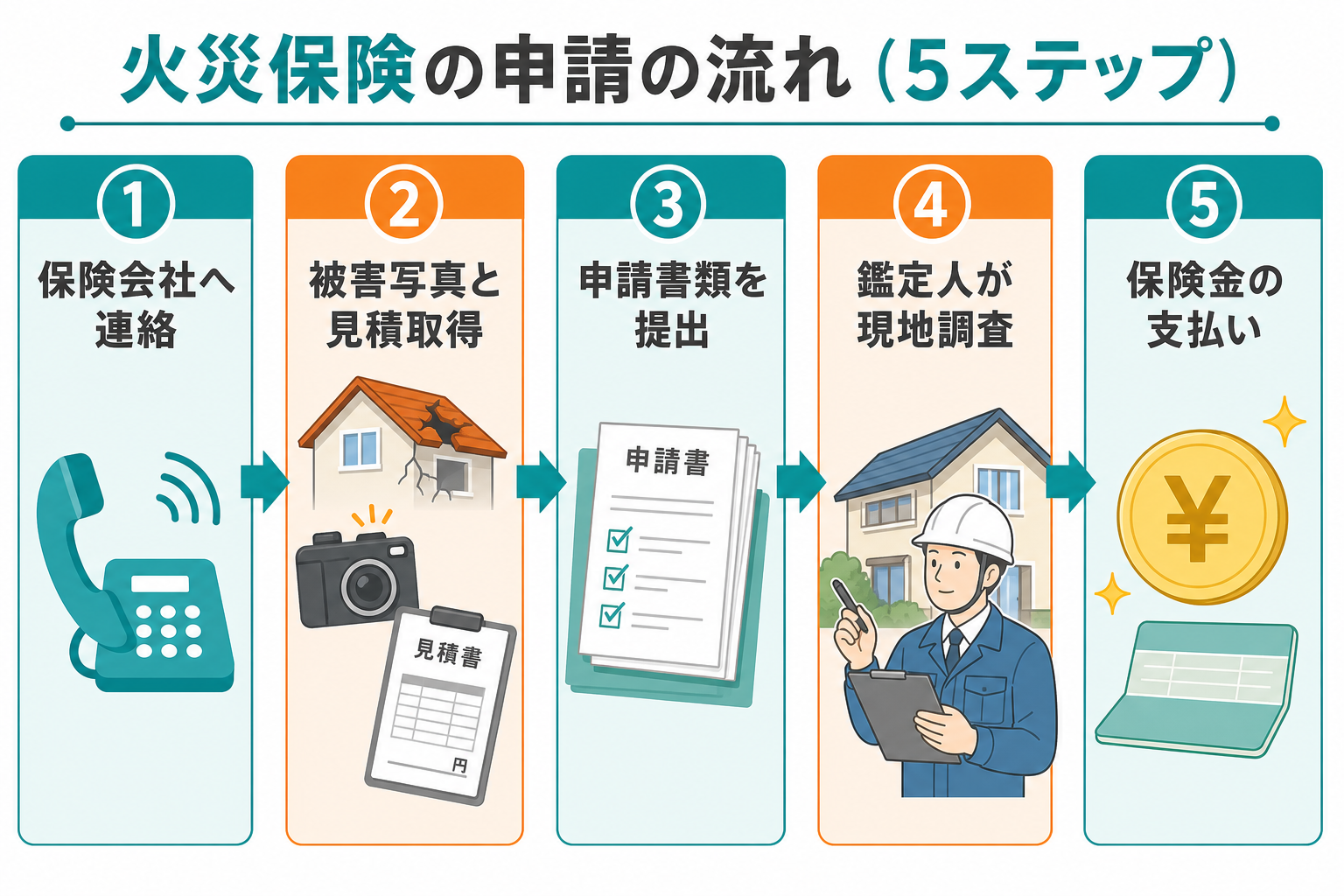 火災保険申請の流れ5ステップの図解