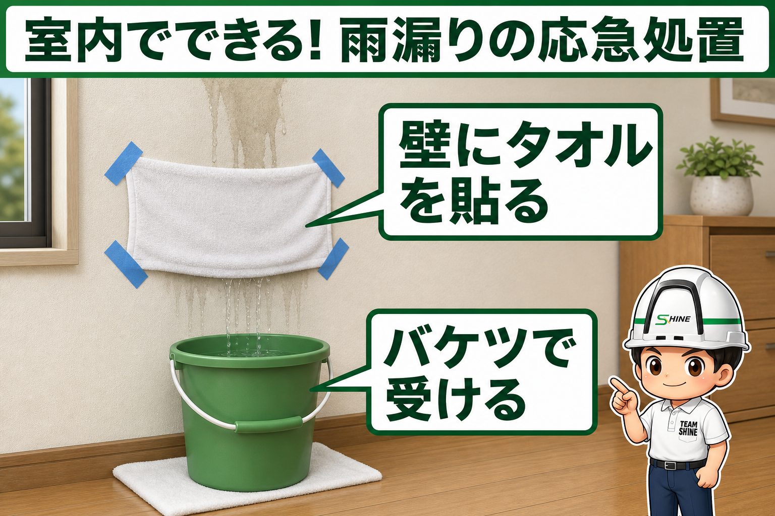 壁を伝う雨漏りに対して、タオルやビニールシート、テープを用いて水をバケツに安全に誘導・吸水する応急処置手順の図解