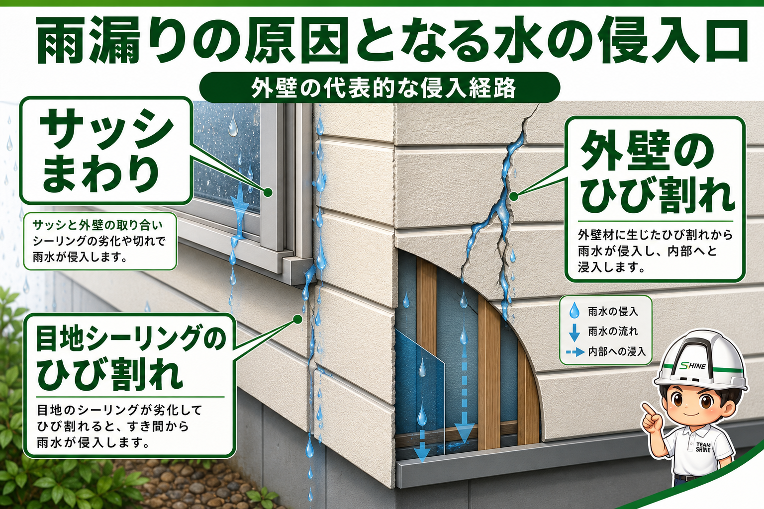 雨水が窓サッシ周辺の隙間や外壁サイディングの継ぎ目シーリング、ひび割れから壁内に侵入して壁を伝う仕組みの図解