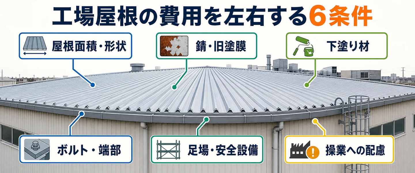 工場屋根の遮熱塗装費用を左右する屋根面積、錆、下塗り材、ボルト、足場、操業条件の図解