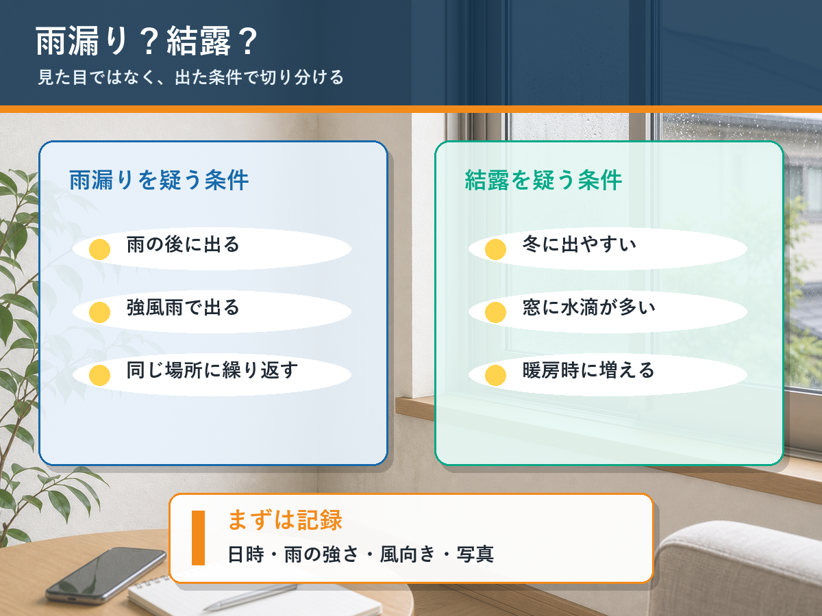雨漏りと結露を雨の後、強風雨、冬、窓の水滴などの発生条件で切り分ける図解