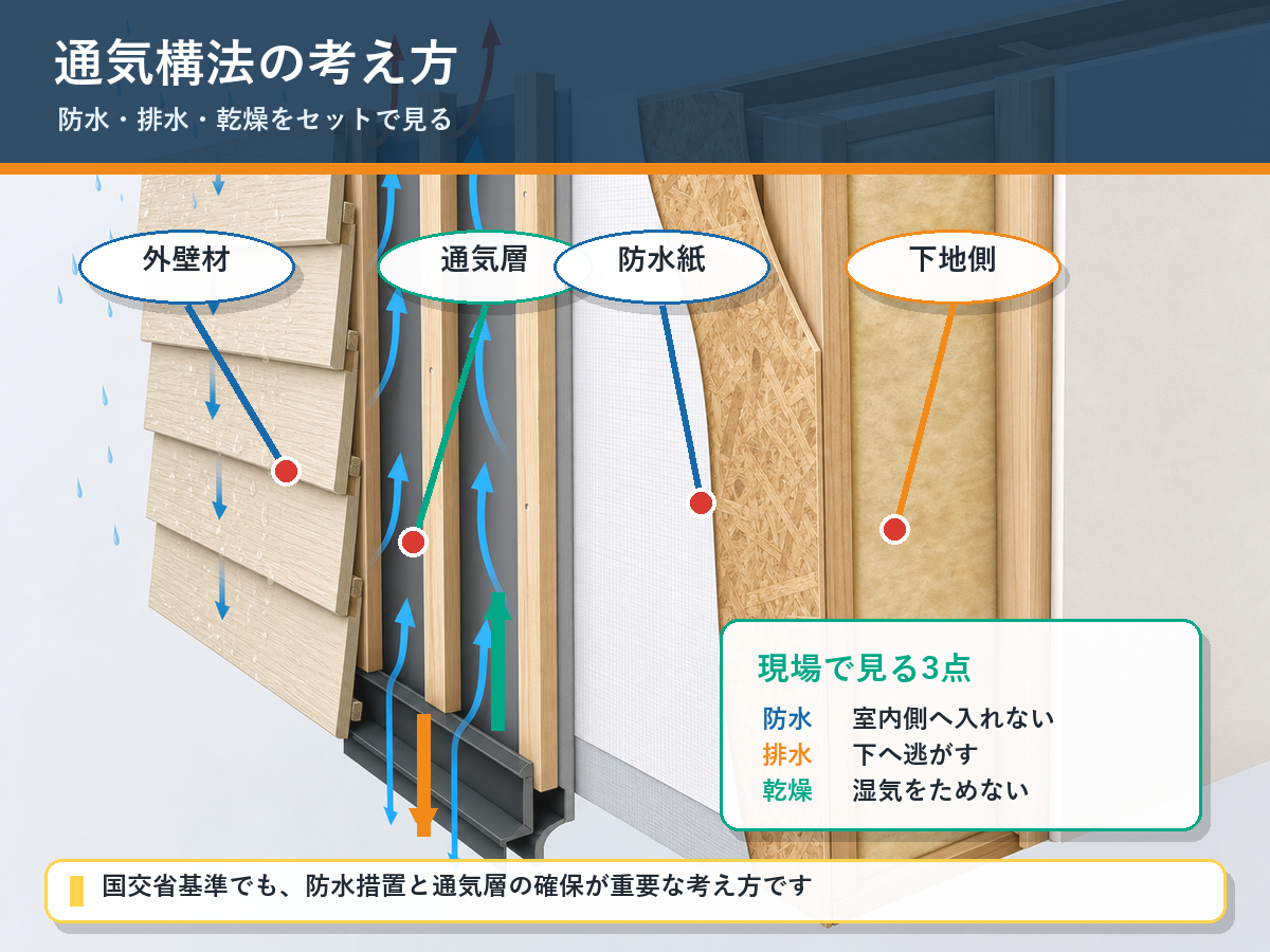 外壁材、通気層、防水紙、下地側を示し防水、排水、乾燥の考え方を説明する図解