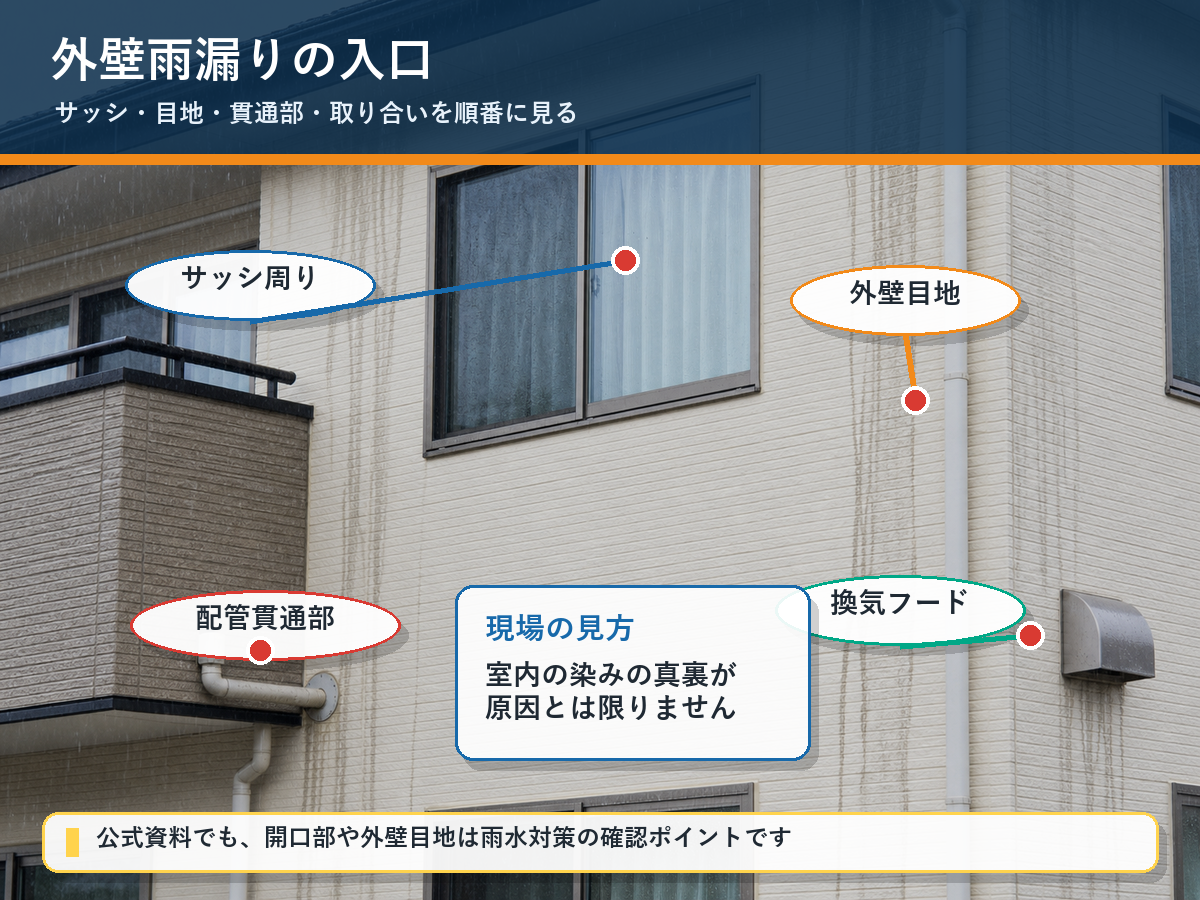 外壁雨漏りの入口としてサッシ周り、外壁目地、換気フード、配管貫通部を示した図解