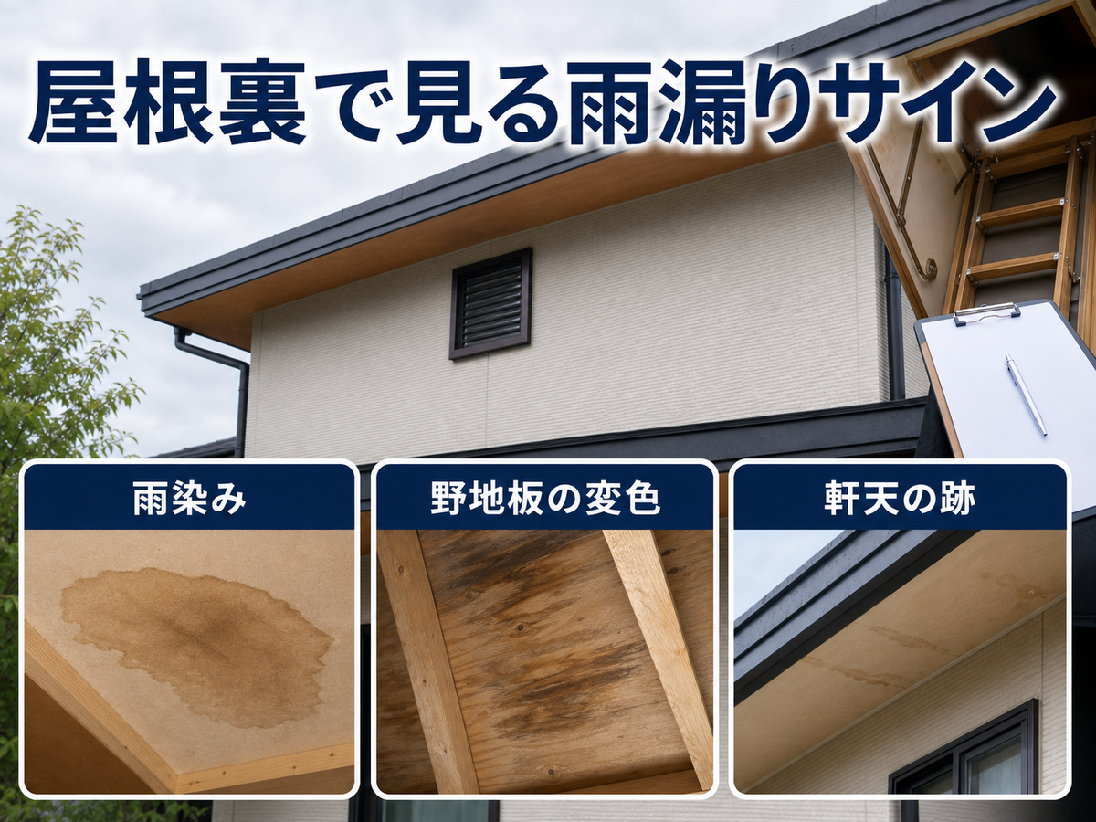 屋根裏で確認したい雨染み、野地板の変色、軒天の跡を示す図解
