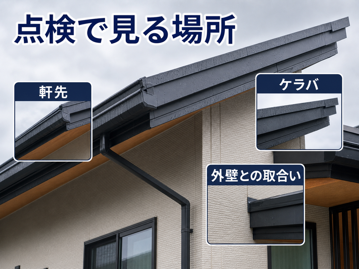 片流れ屋根で点検したい軒先、ケラバ、外壁との取り合いを示す図解