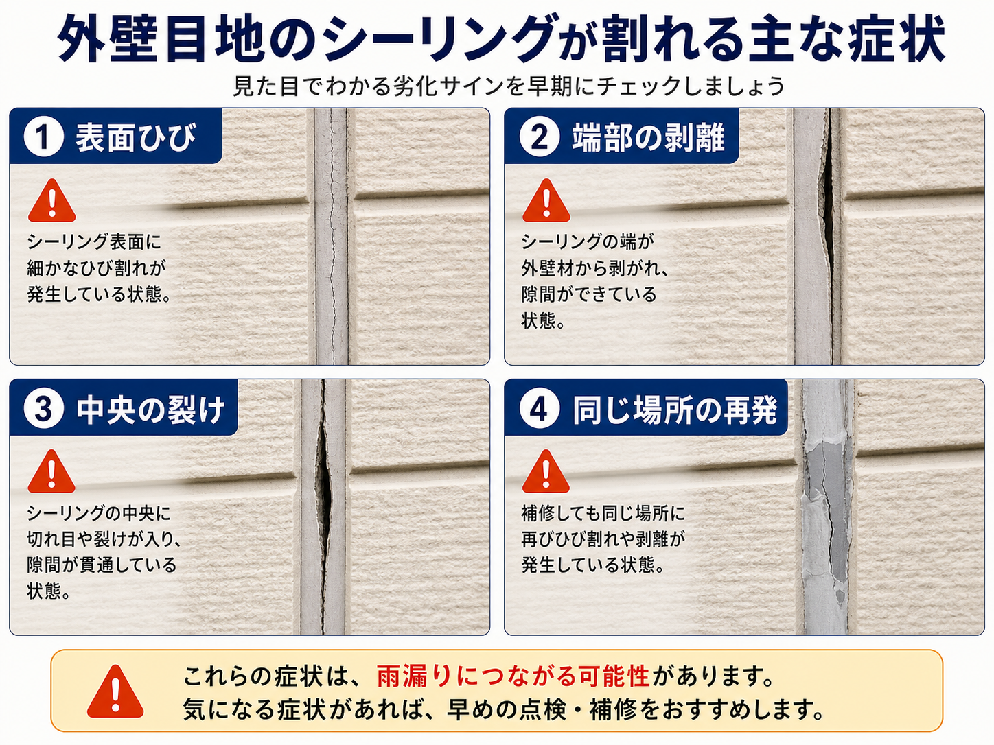 外壁目地のシーリングに出る表面ひび、端部の剥離、中央の裂け、同じ場所の再発を示した症状例