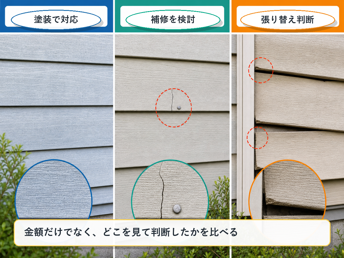 窯業系サイディングを塗装、補修、張り替えで判断する比較図解