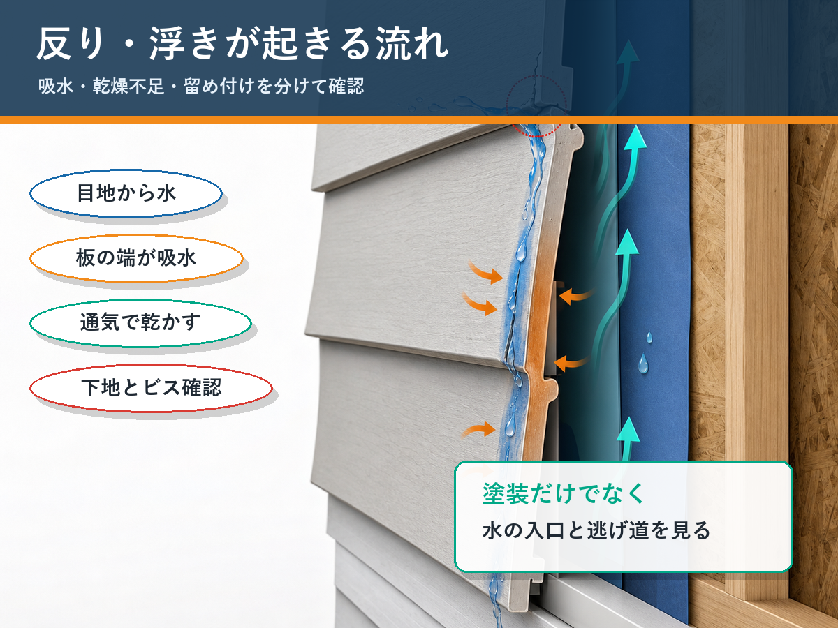 窯業系サイディングの反りや浮きが起きる流れを吸水、通気、下地確認で示した図解