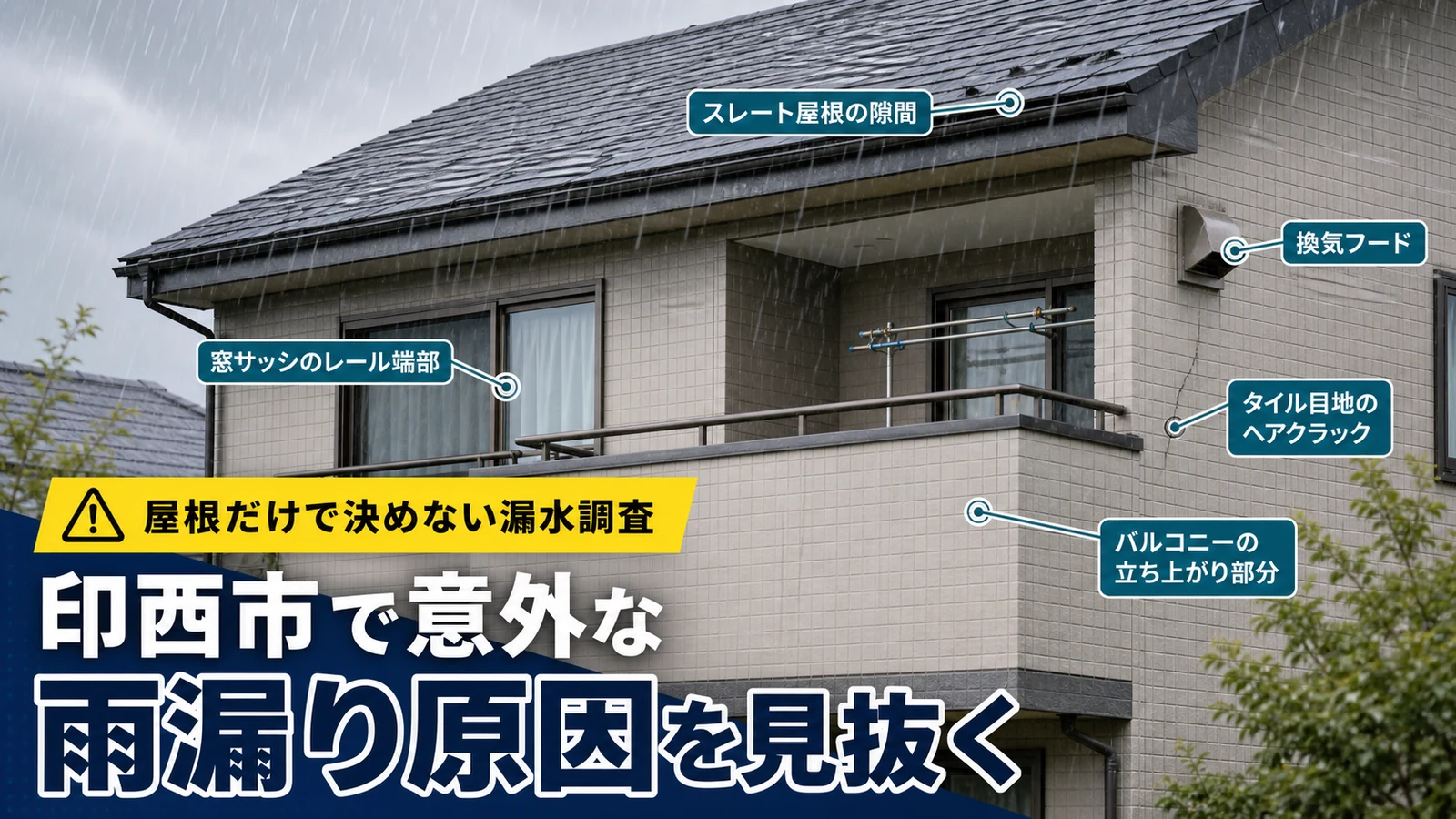印西市で意外な雨漏り原因を見抜くために屋根以外のサッシや換気フードやベランダ立ち上がりも調査する記事トップ画像