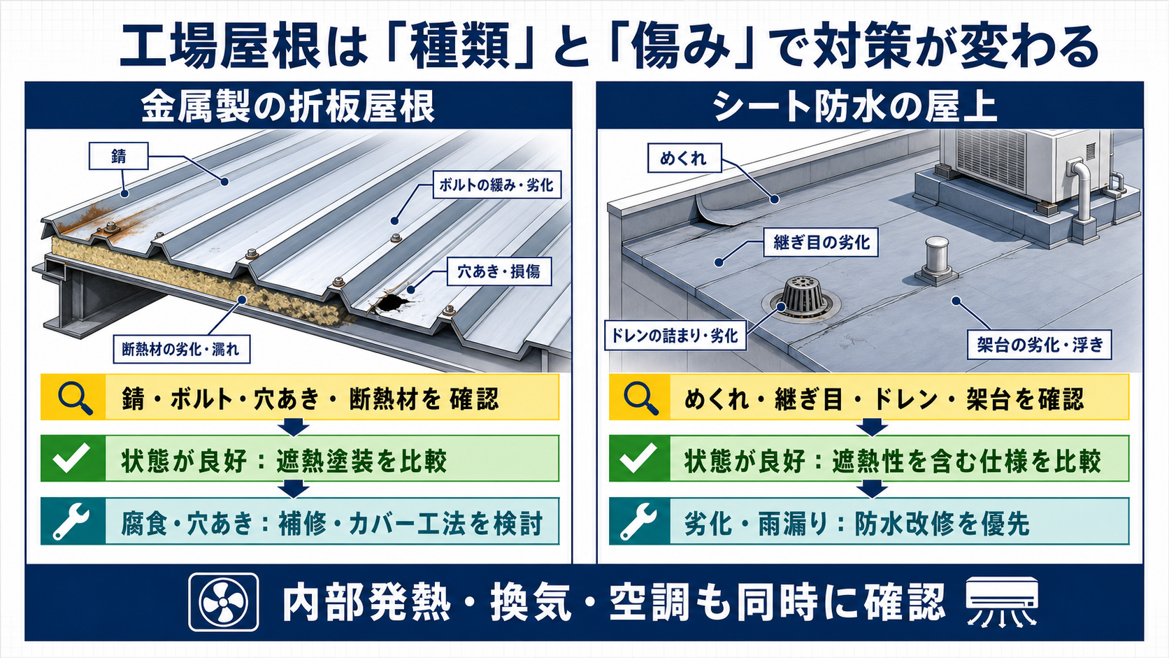 金属製の折板屋根とシート防水の屋上について、点検箇所と遮熱塗装・カバー工法・防水改修の判断を示した図解