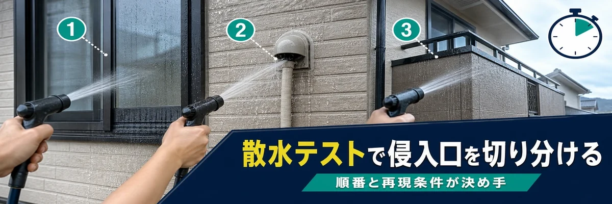 散水テストで窓サッシや換気フードやベランダの侵入口を切り分ける帯画像