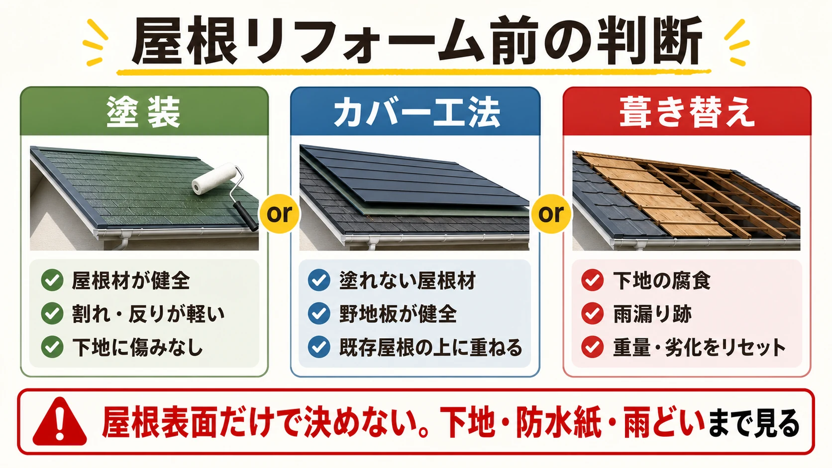 印西市の屋根リフォーム前に塗装カバー工法葺き替えを分ける判断図解