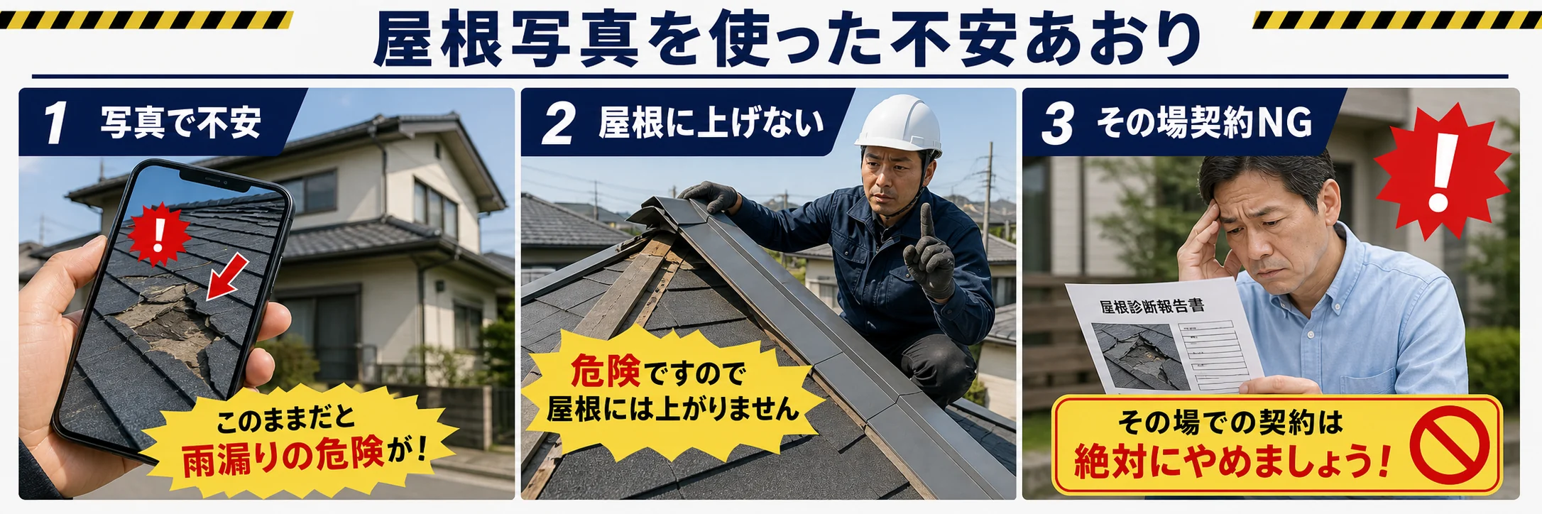 印西市の屋根工事で屋根写真を使った不安あおりとその場契約を避ける図解
