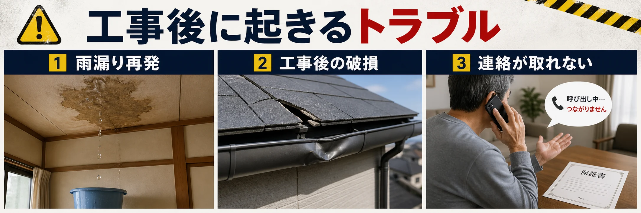 印西市の屋根工事で雨漏り再発や工事後の破損や連絡が取れないトラブルを示す図解
