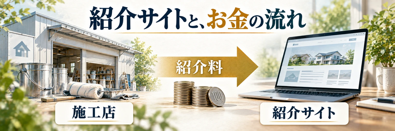 施工店から紹介サイトへ紹介料が支払われる仕組みの説明用イラスト