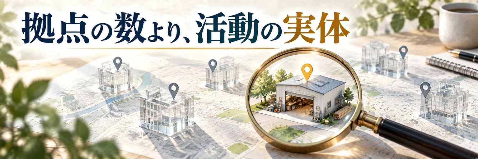 地図上の拠点の数と実際の活動の確認を対比する説明用イラスト