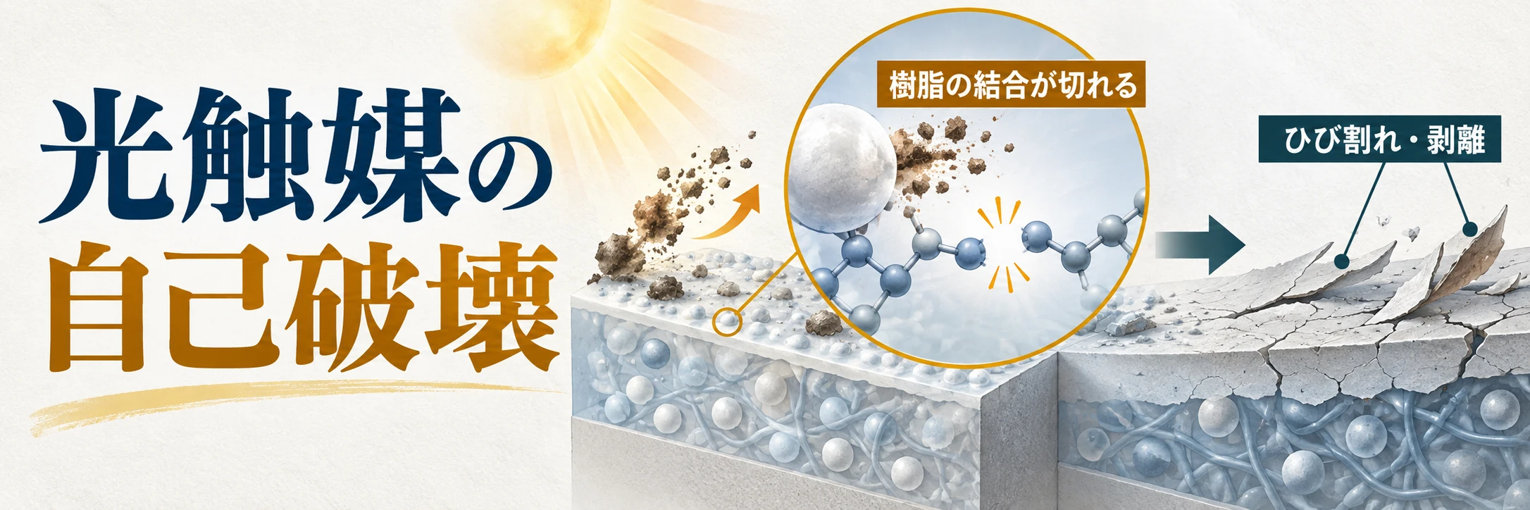 光触媒の作用で塗膜の樹脂結合が切れ、ひび割れや剥離につながる概念図