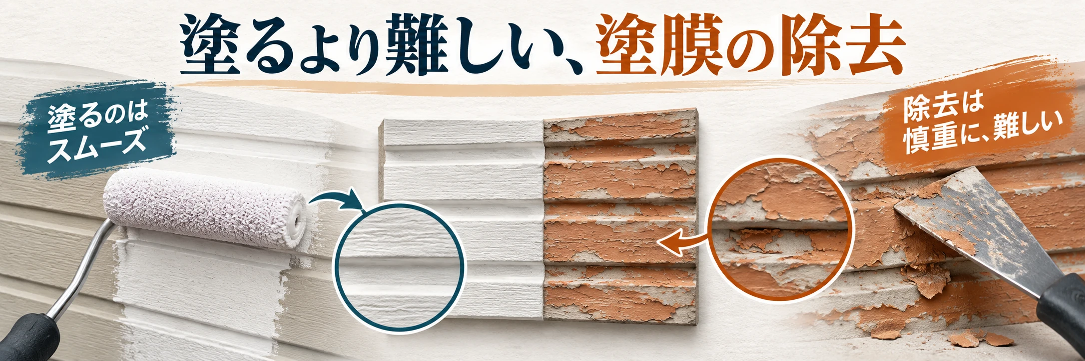 凹凸のある外壁材への塗装と、溝に残る塗膜の除去を比較したイメージ