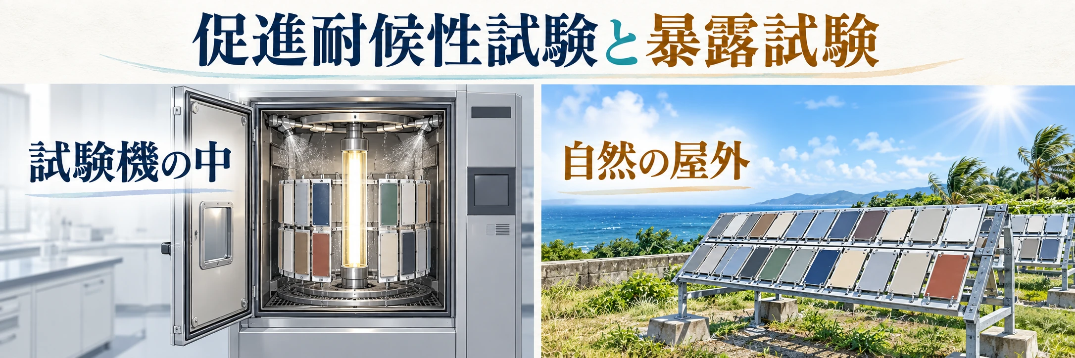 試験機の中で行う促進耐候性試験と、自然の屋外で行う暴露試験の比較イメージ