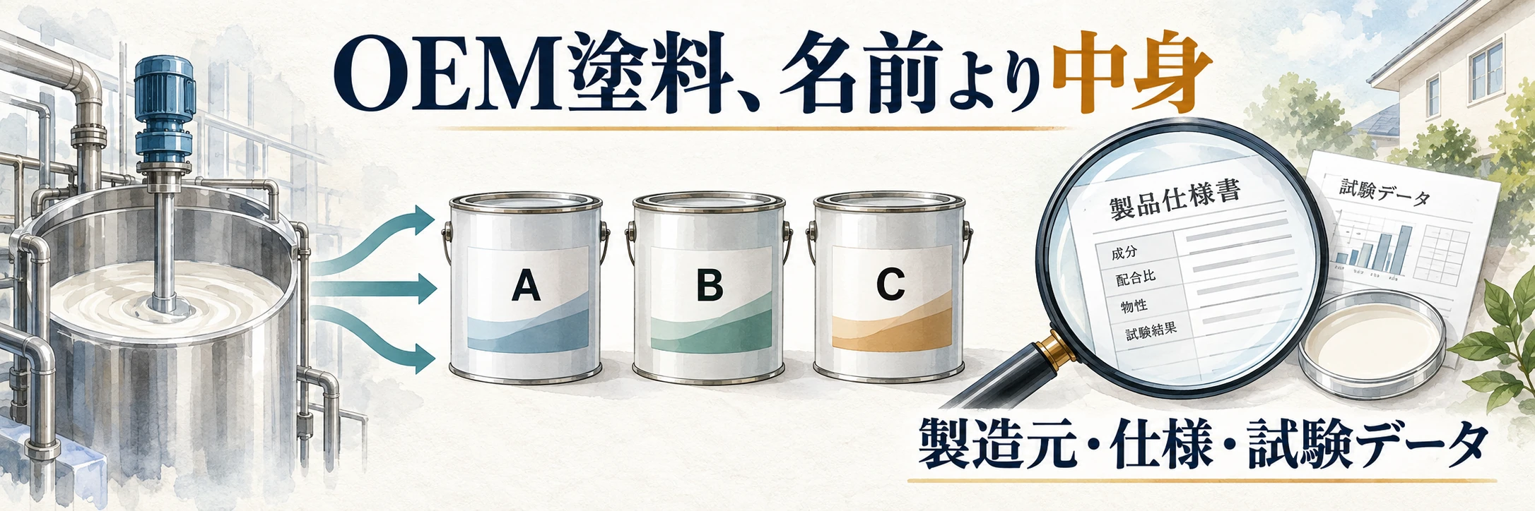 受託製造された塗料が異なるラベルで販売され、製造元や仕様の確認が必要になるイメージ