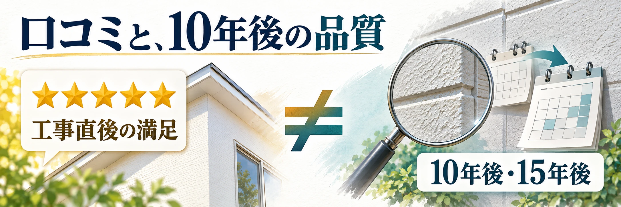 工事直後の口コミによる満足と、10年後・15年後の品質の確認は別であることを示すイメージ