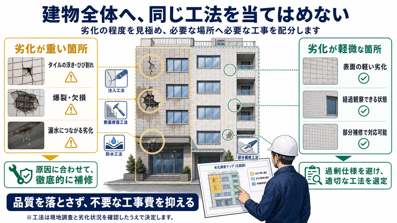 外壁の劣化が重い箇所と軽微な箇所に分け、必要な工法を選ぶ考え方の図