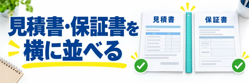 複数社の見積書と保証書を並べて比較する章の案内