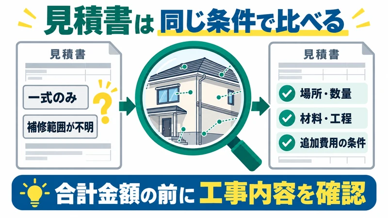 一式のみの見積書と場所・数量・材料・工程が明記された見積書を比べる図