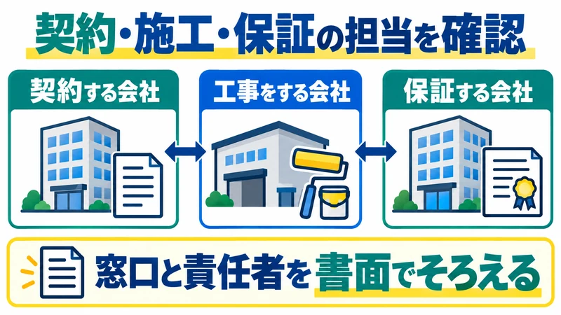 契約する会社・工事をする会社・保証する会社の窓口と責任者を確認する図