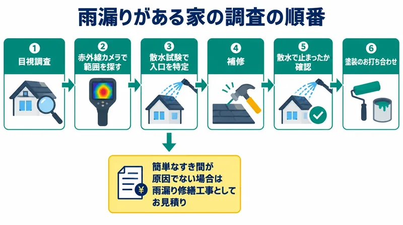 雨漏りがある家で目視調査から赤外線・散水試験・補修・止水確認を経て塗装の打ち合わせへ進む順番の図