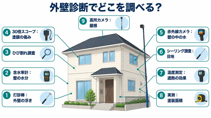 外壁診断で使う9つの道具と、住宅のどの部分を調べるかを示した点検箇所の図