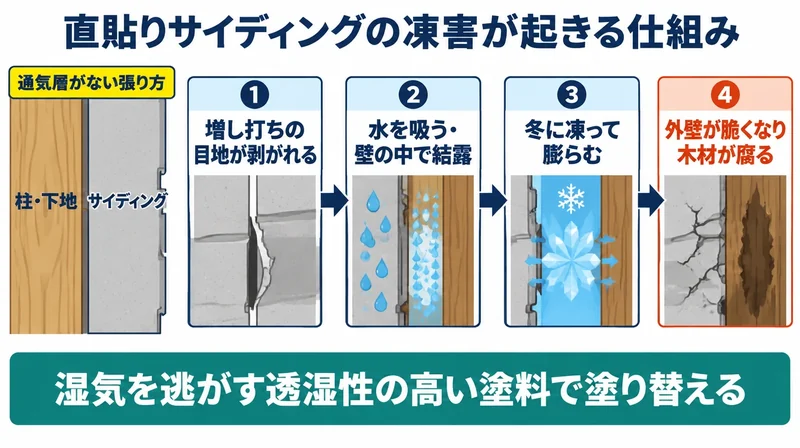 直貼りサイディングで目地の剥がれから凍害が起き木材が腐るまでの仕組みを示した図
