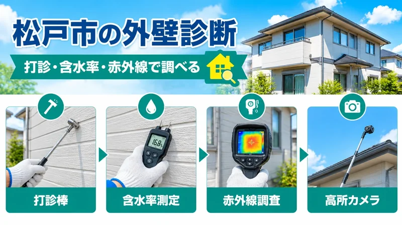 松戸市の外壁診断｜打診棒・含水率測定・赤外線調査・高所カメラで調べる