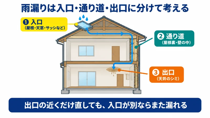 雨漏りを入口・通り道・出口に分けて、天窓から入った雨水が屋根裏と壁の中を通って離れた天井にシミを作る様子を示した図