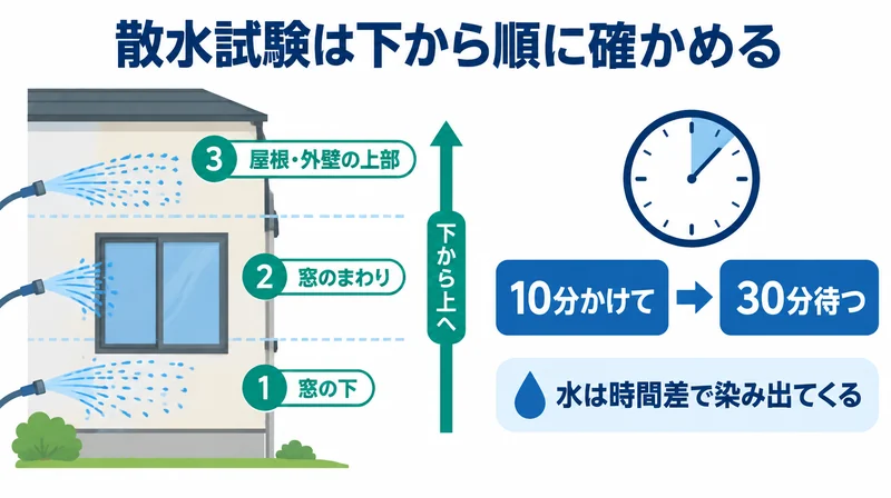 散水試験は窓の下から窓まわり、屋根・外壁の上部へと下から順に確かめ、10分かけて30分待つことを示した図