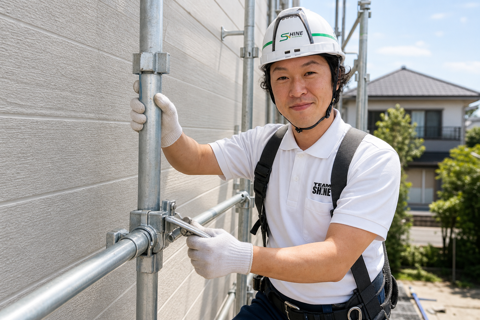 安全第一で丁寧・堅牢に足場を組み立てる現場管理者・粕谷