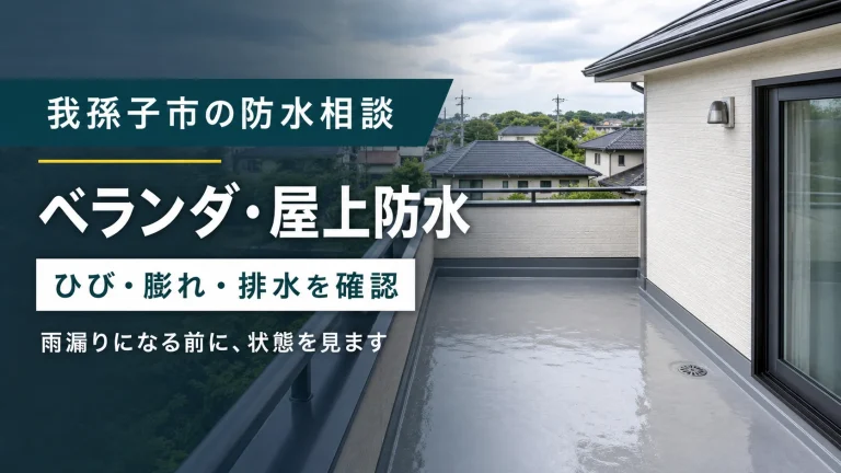 我孫子市のベランダ屋上防水でひび膨れ排水と雨漏りを確認する図解