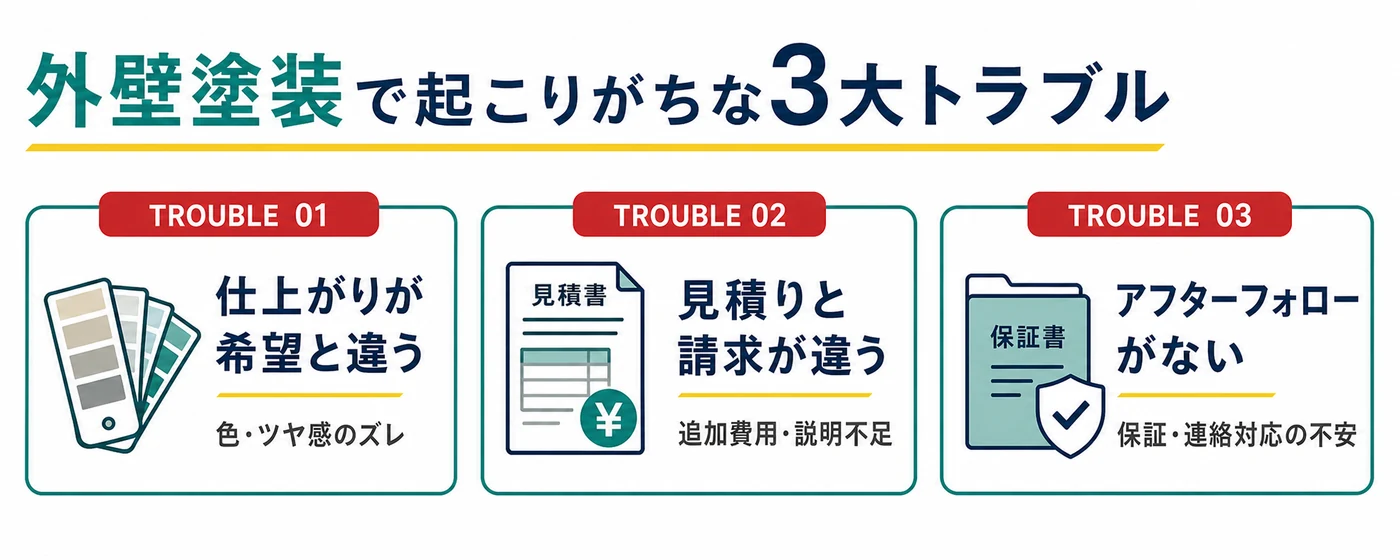 外壁塗装で起こりがちな仕上がり・見積り・アフターフォローの3大トラブル図解