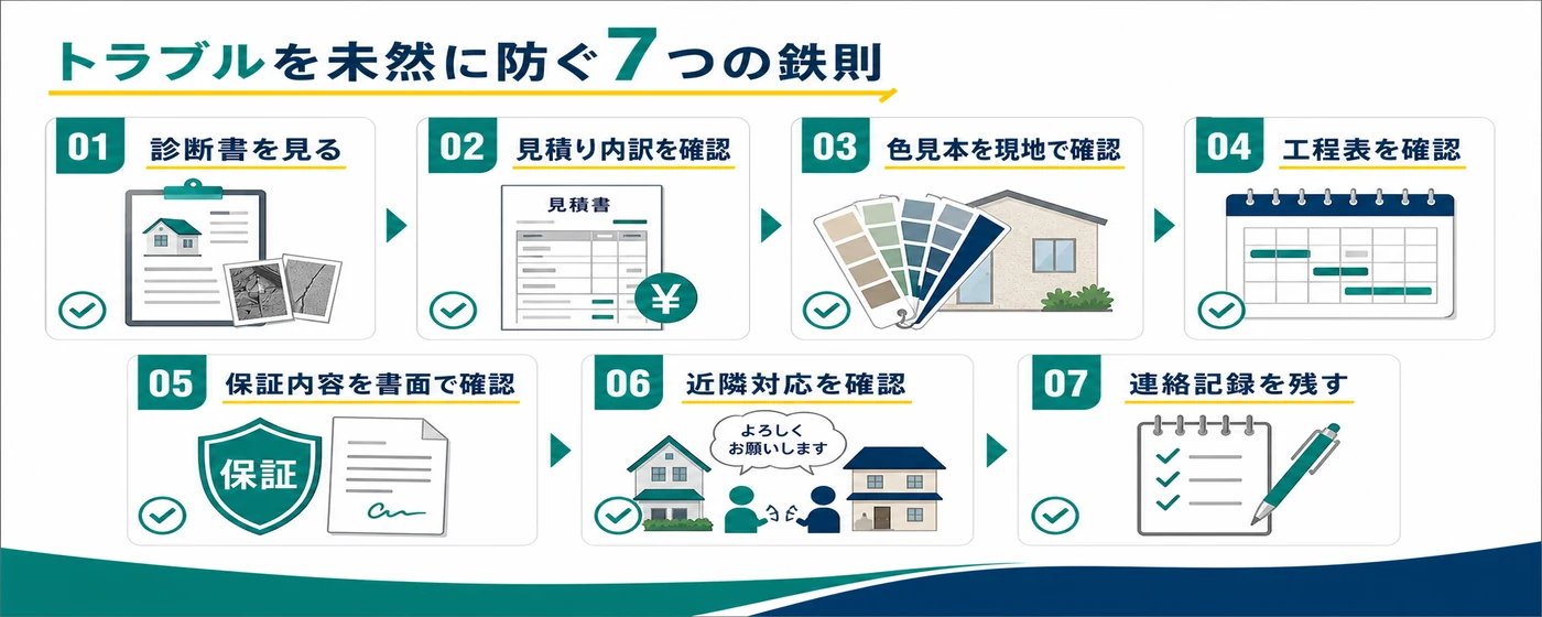外壁塗装で業者トラブルを未然に防ぐ7つの確認事項の図解
