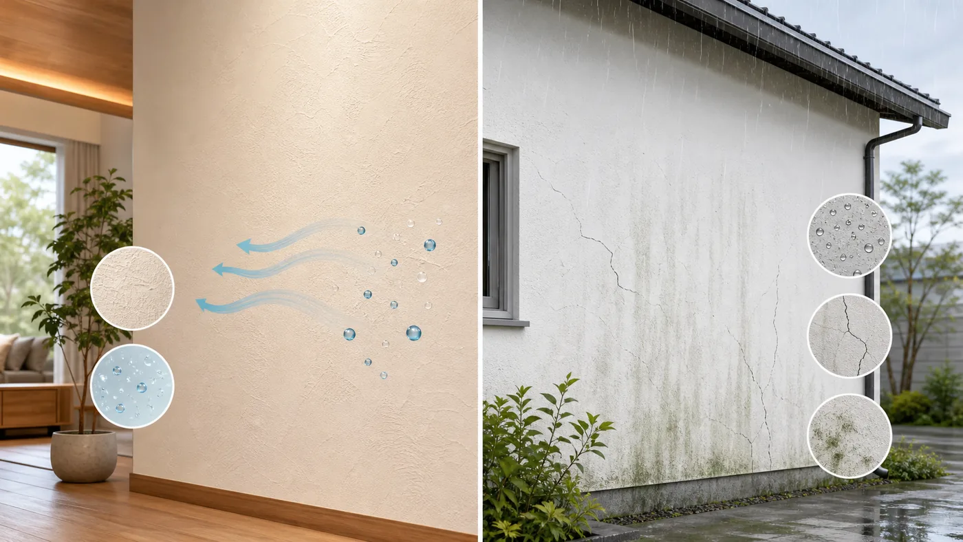 内装では調湿性がある自然素材の壁と外壁では雨筋やカビや割れが出やすい自然塗料外壁を比較した図解