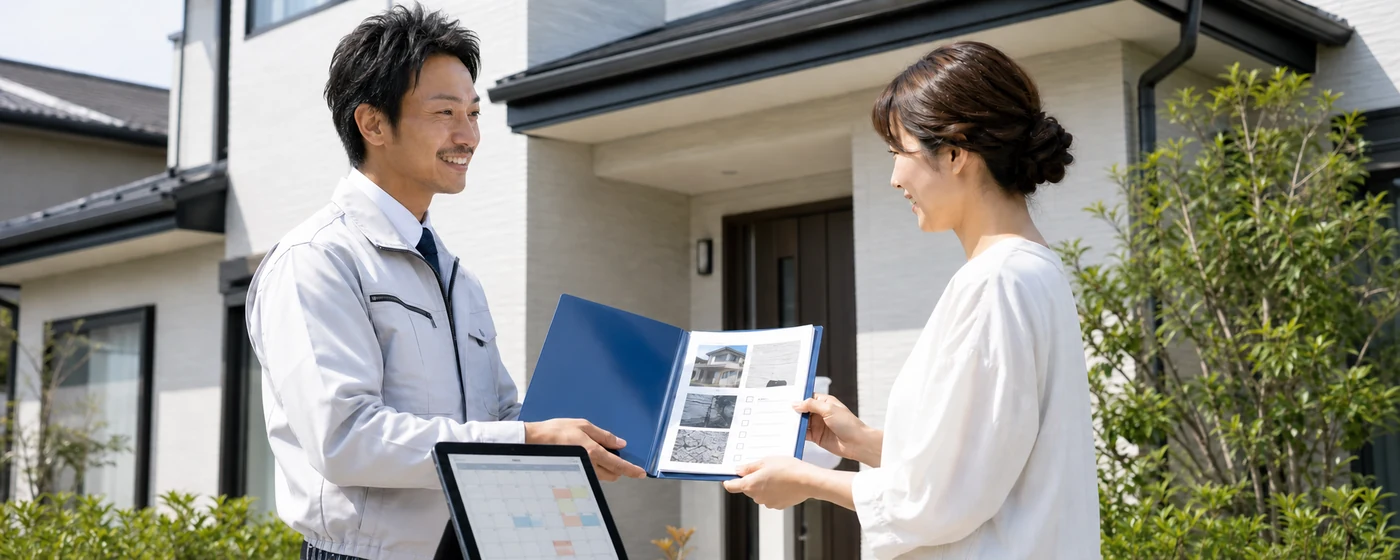 外壁塗装後の保証書と点検予定を確認するイメージ図
