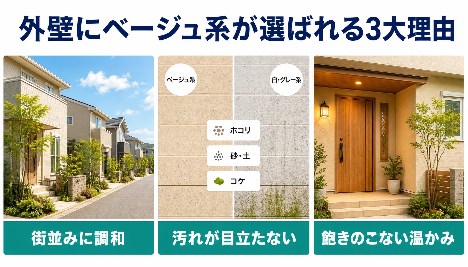 街並み調和、汚れが目立たない、飽きのこない温かみを示したベージュ系のメリット図解