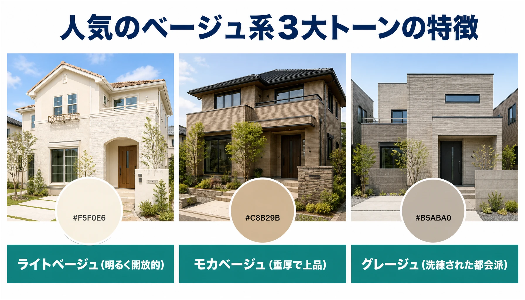 ライトベージュ、モカベージュ、グレージュのカラーパレットと外観印象を比較した図解